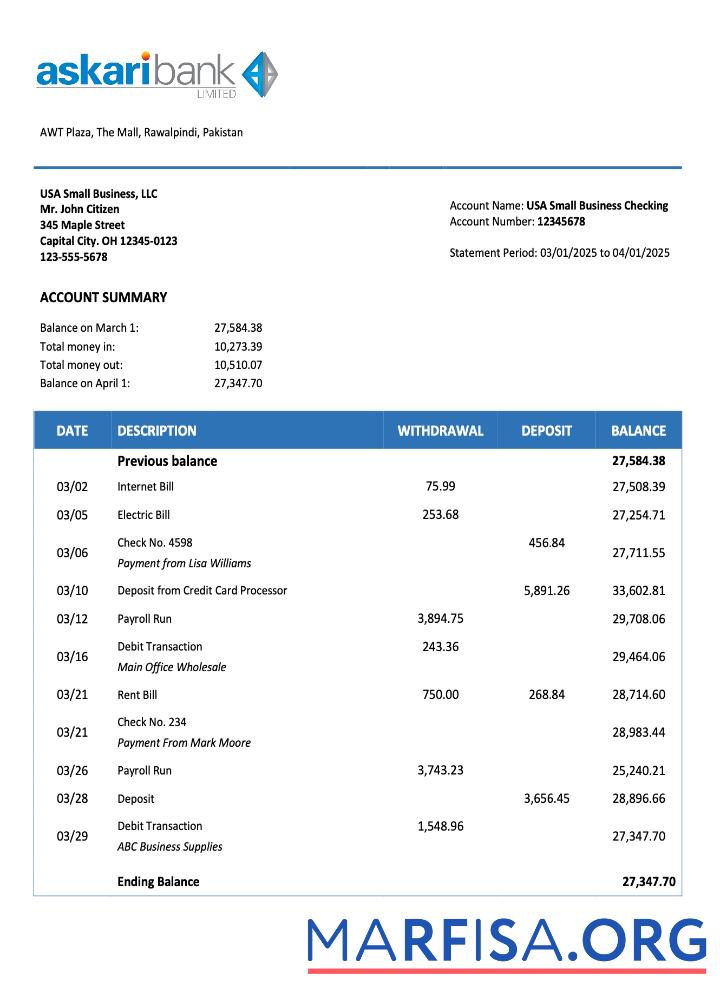 Downloadable Pakistan Askari Bank business checking account statement Word and PDF template